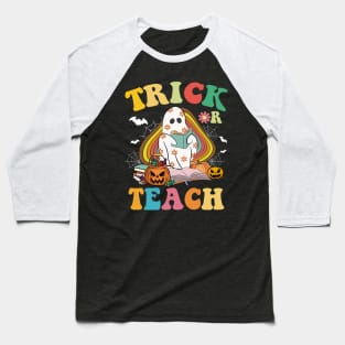 Groovy Halloween Trick or Teach Retro Floral Ghost Teacher T-Shirt Baseball T-Shirt